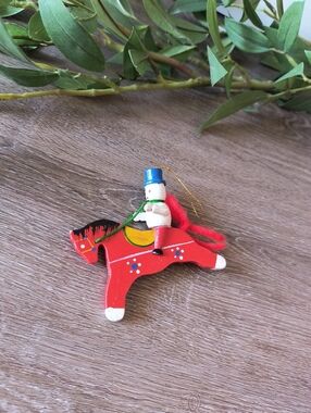 Vintage Wooden Christmas Ornament Snowman riding a horse 3.5"